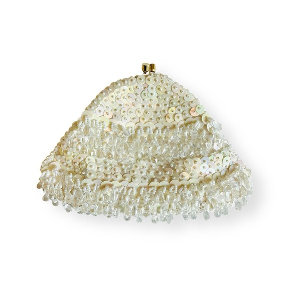 Estate Handbags - Vintage White Beaded Sequin Clutch Evening Bag Kiss Closure Hong Kong Wedding